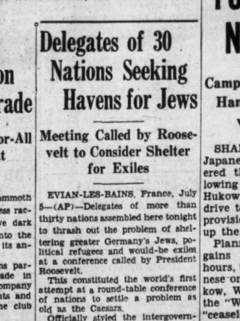 This is a screenshot of a July 6, 1939 Bangor Daily News article on the Evian conference.
