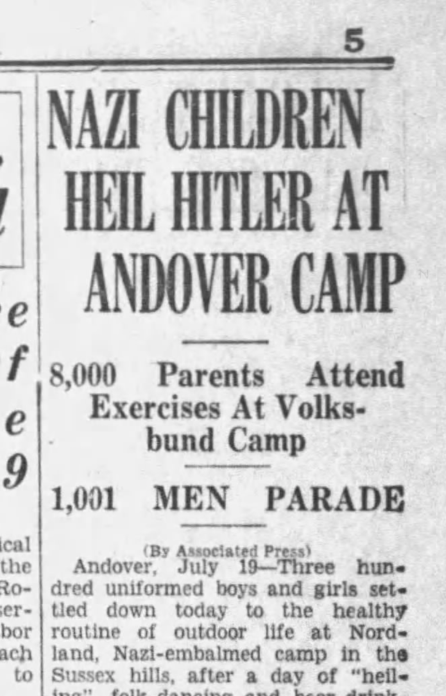 This is a screenshot of an article in the Bergen Evening Record about a German American Bund camp at Andover in New Jersey.